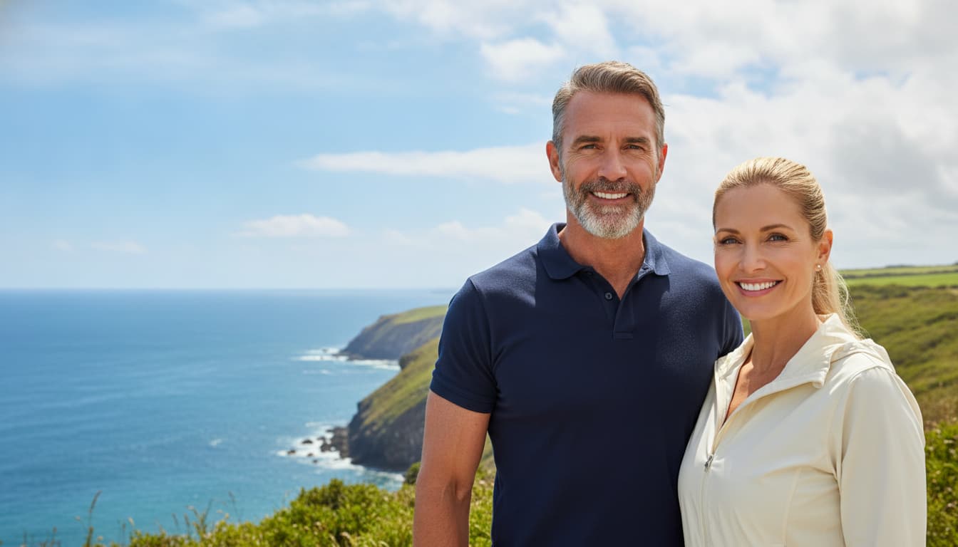 A fit couple in their fifties on a coastal clifftop at golden hour