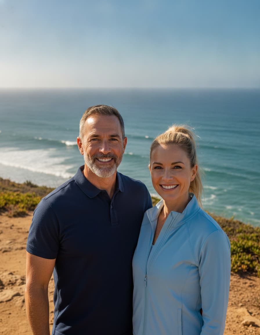 A fit couple in their fifties on a coastal clifftop at golden hour