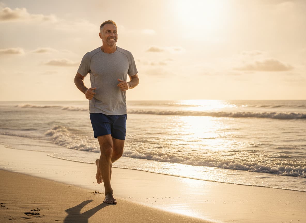 Man running on the beach at sunrise